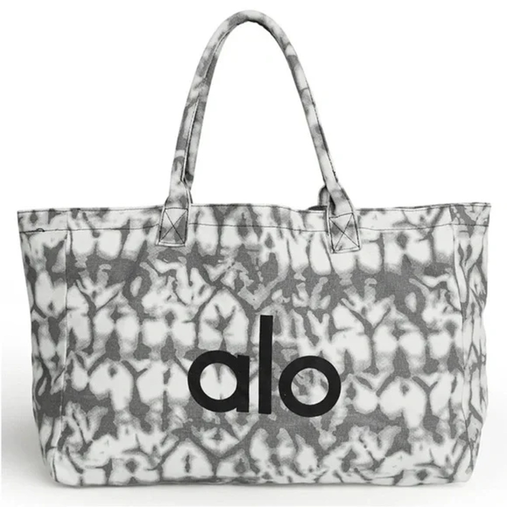 Alo Yoga Large Tie Dye Canvas Tote Bag Gray White Logo Gym Beach Carryall - Picture 8 of 16